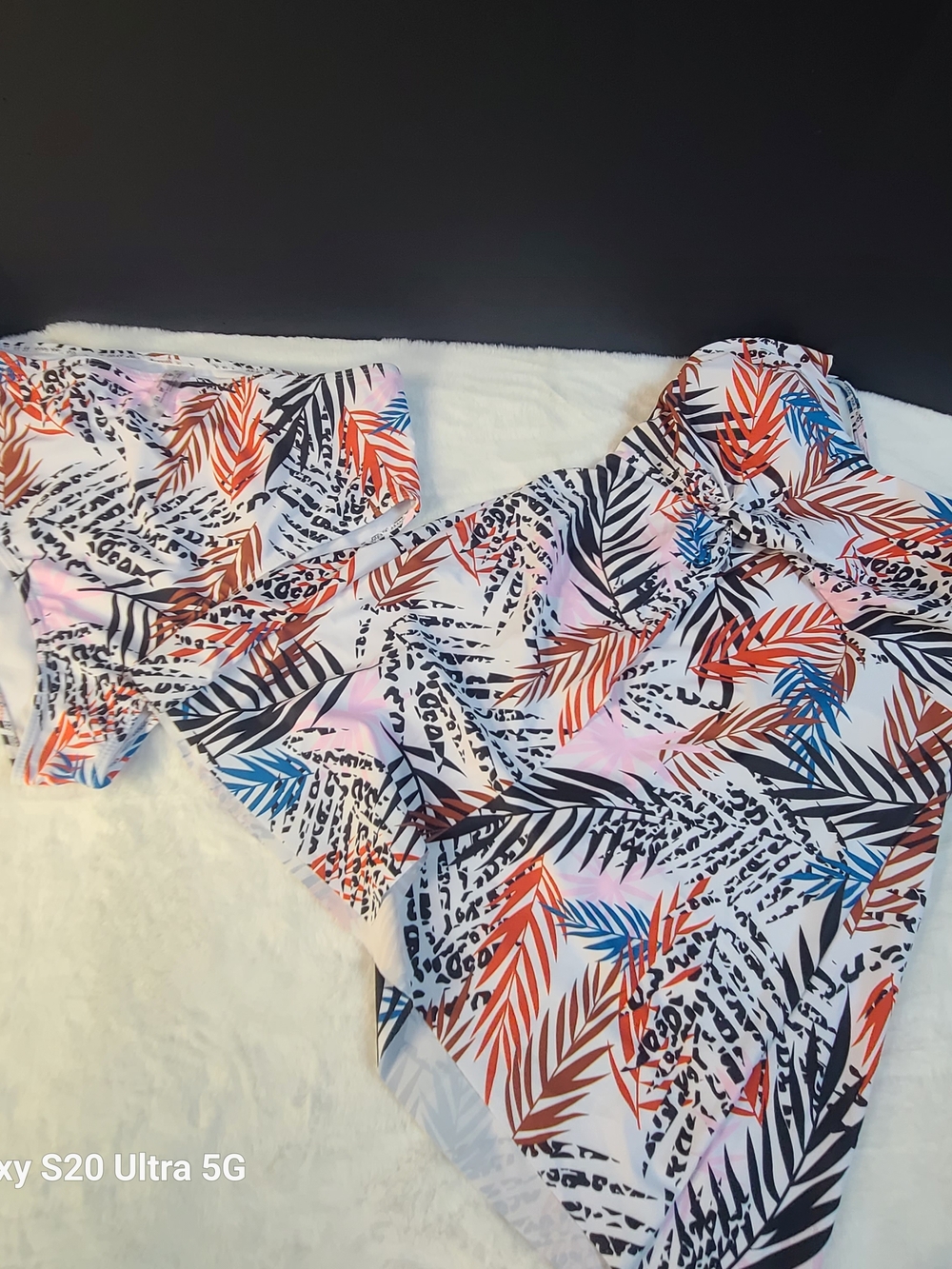 Two Piece, Tropical Leaf Asymmetric Swim Suit White, Orange & Blue
